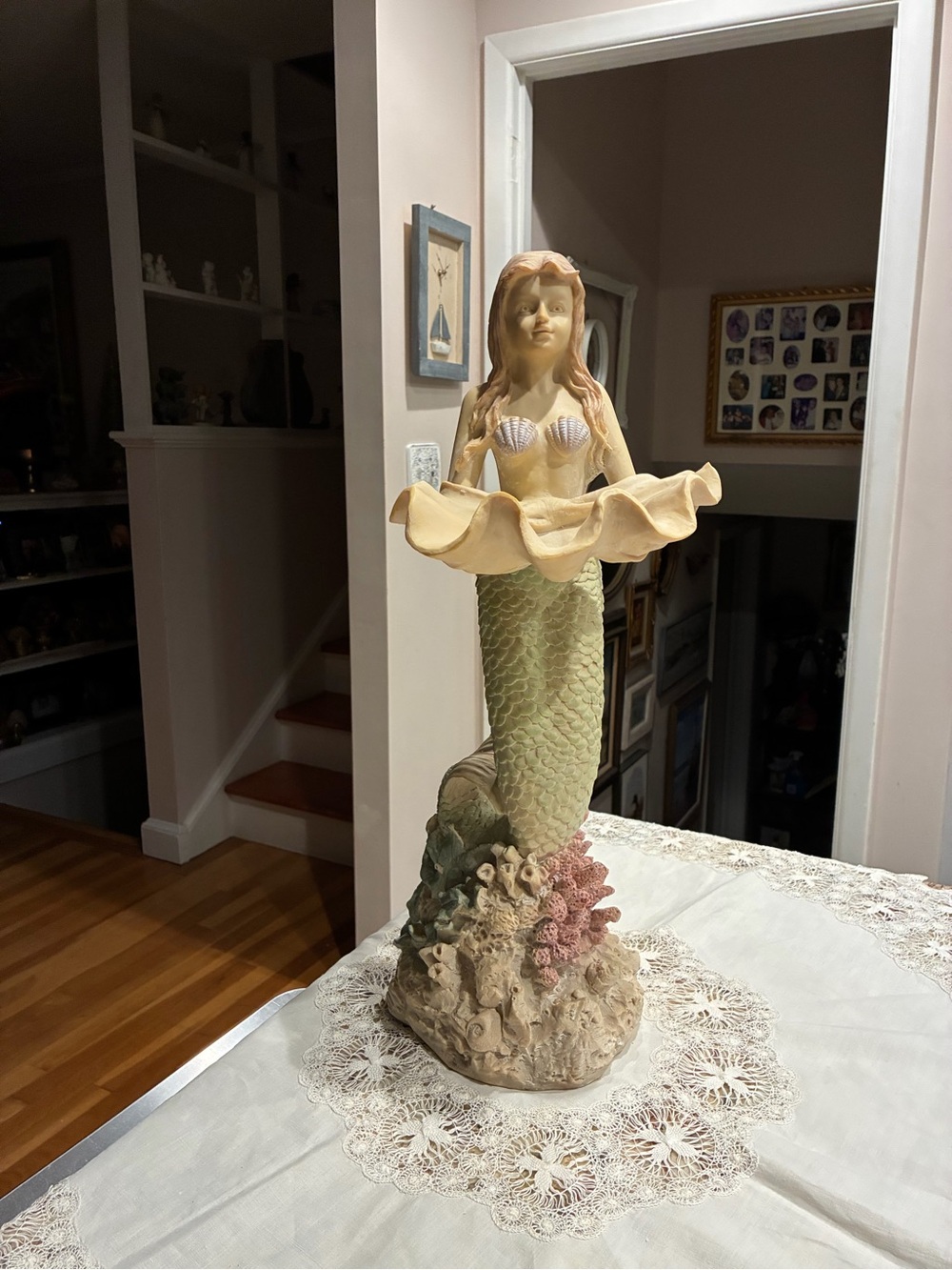Vintage Cream and Green Mermaid Figurine - Home Art Decor